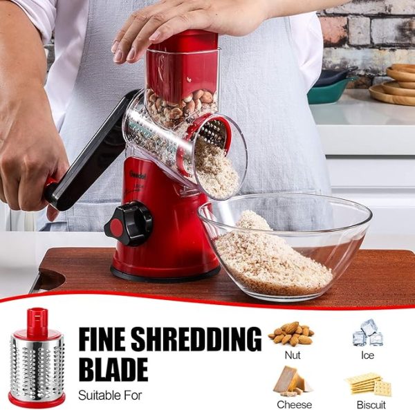 Geedel Rotary Cheese Grater, Kitchen Mandoline Vegetable Slicer with 3 Interchangeable Blades, Easy to Clean Grater for Fruit, Vegetables, Nuts - Image 2