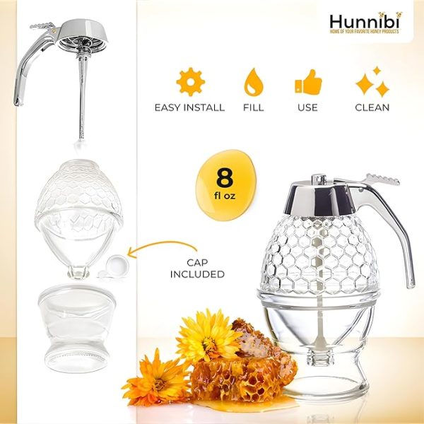 Hunnibi 8oz No Drip Glass Honey Dispenser with Stand - Honeycomb-Style Syrup Server and Bee-Themed Storage Jar - Clear Container for Honey, Maple Syrup - 11 x 6.6 in - Image 3