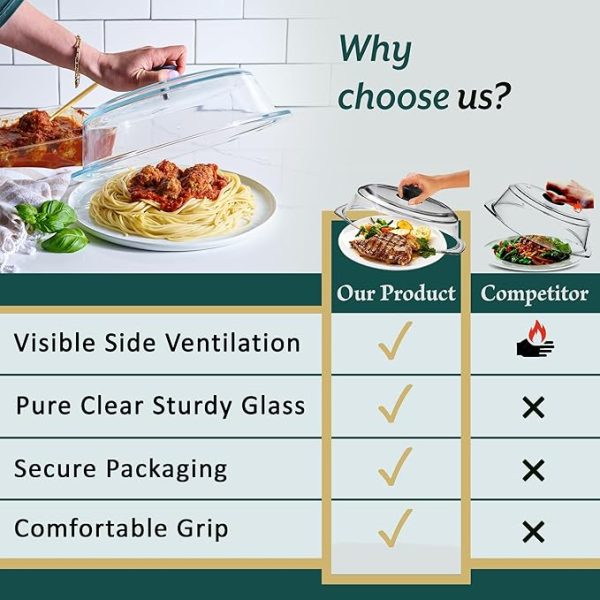 Tall Glass Microwave Splatter Cover for Food - Cookware & Bakeware Serving Dish Cover, Plate Splatter Guard Lid with Easy Grip Silicone Handle Knob - 100% Food Grade BPA Free & Dishwasher Safe - 10in. - Image 2