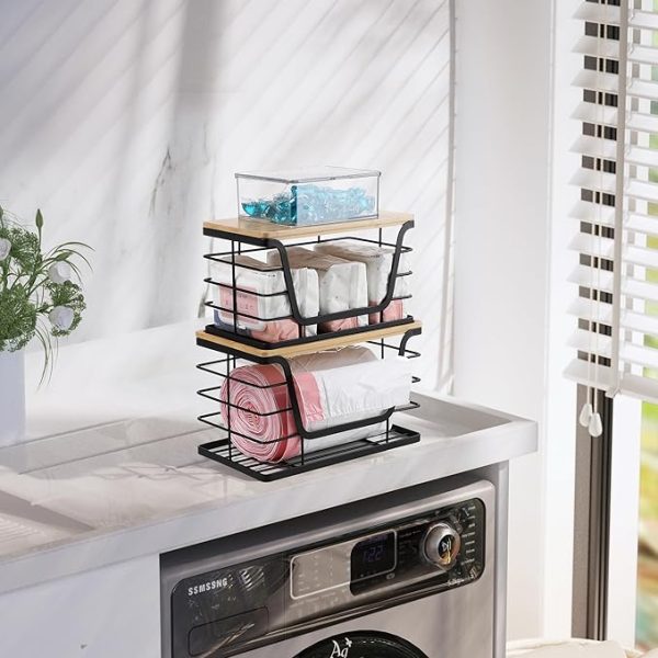 2 Pack Storage Stackable Kitchen Laundry Organizers with Bamboo Top, Wall Mount Large Trash Bag Holder and Standard Garbage Bag Dispenser - Image 3
