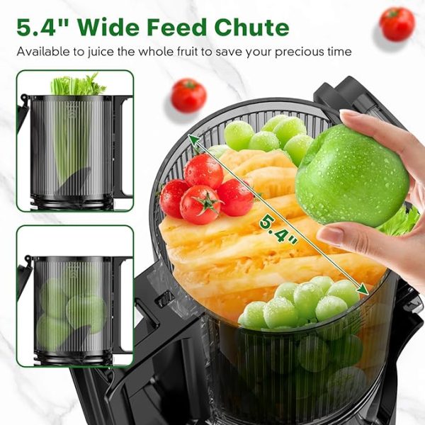 Cold Press Juicer, Masticating Juicer with 5.4" Wide Feed Chute, 350w Slow Juicer Machines Fit Whole Vegetables and Fruits with High Juice Yield, Easy to Clean (Black) - Image 5
