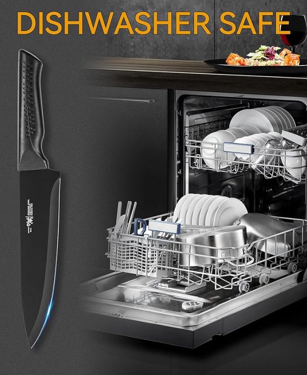 Knife Set, 15 Pcs Kitchen Knife Set with Block Self Sharpening, Dishwasher Safe, 6 Steak Knives, Anti-slip handle, Black - Image 3