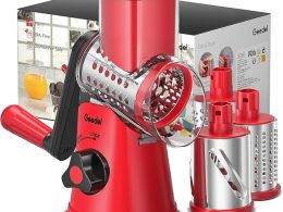 Geedel Rotary Cheese Grater, Kitchen Mandoline Vegetable Slicer with 3 Interchangeable Blades, Easy to Clean Grater for Fruit, Vegetables, Nuts