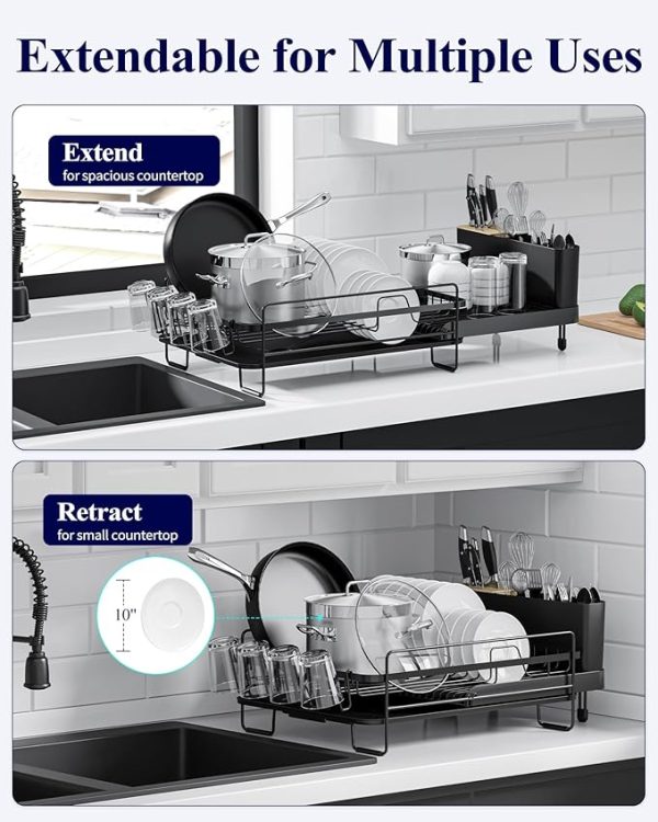 Kitsure Large Dish Drying Rack - Extendable Dish Rack, Multifunctional Dish Rack for Kitchen Counter, Anti-Rust Dish Drainers with Cutlery & Cup Holders 19.2"-26.7" L x 12.9" W, Black - Image 6