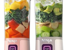 Ninja BC155PS Blast Two-Pack Portable Blender, Cordless, 18oz. Vessel, Personal Blender-for Shakes & Smoothies, BPA Free, Leakproof-Lid & Sip Spout, Rechargeable, Dishwasher Safe Parts, Peach & Stone