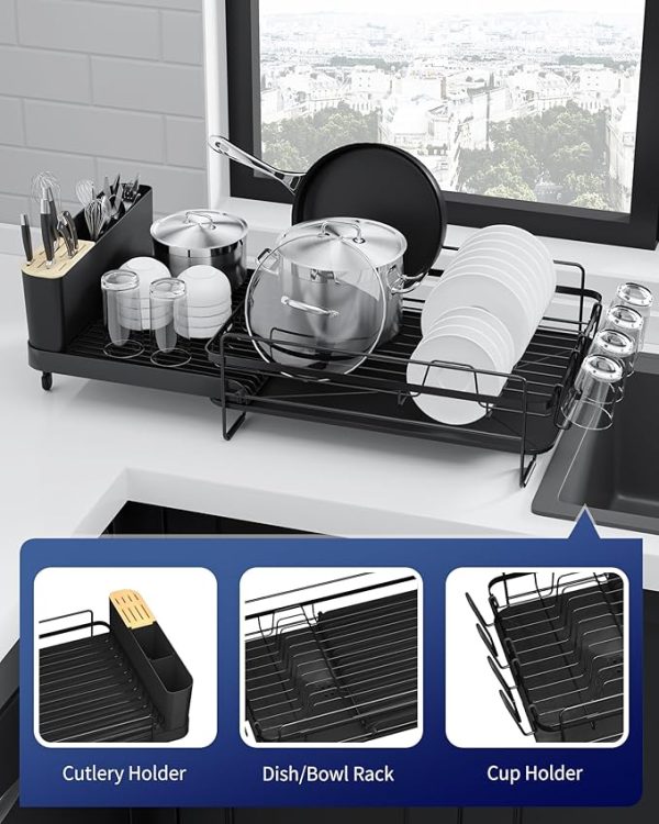 Kitsure Large Dish Drying Rack - Extendable Dish Rack, Multifunctional Dish Rack for Kitchen Counter, Anti-Rust Dish Drainers with Cutlery & Cup Holders 19.2"-26.7" L x 12.9" W, Black - Image 2