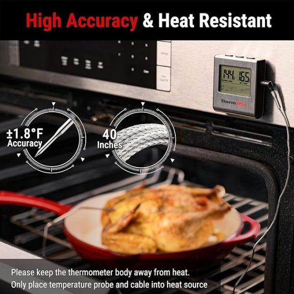 ThermoPro TP16 Large LCD Digital Cooking Food Meat Thermometer for Smoker Oven Kitchen BBQ Grill Thermometer Clock Timer with Stainless Steel Temperature Probe - Image 5