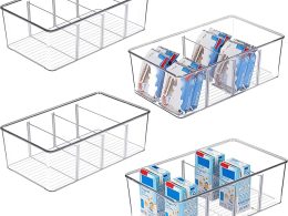 Vtopmart 4 Pack Food Storage Organizer Bins, Clear Plastic Bins for Pantry, Kitchen, Fridge, Cabinet Organization and Storage, 4 Compartment Holder Packets, Snacks, Pouches, Spice Packets