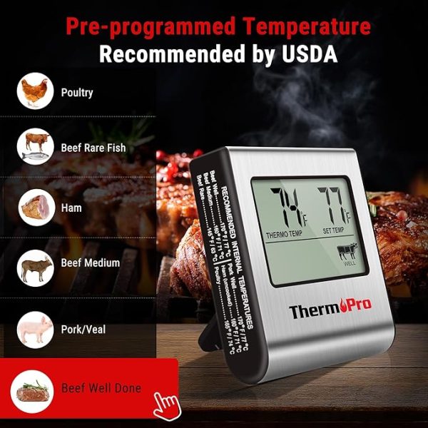 ThermoPro TP16 Large LCD Digital Cooking Food Meat Thermometer for Smoker Oven Kitchen BBQ Grill Thermometer Clock Timer with Stainless Steel Temperature Probe - Image 3