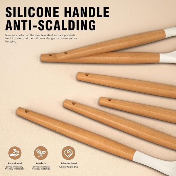 Silicone Cooking Utensils Set - Silicone Kitchen Utensils for Cooking Wooden Handles, 446°F Heat Resistant Kitchen Utensil Spatula Sets w Holder, Gadgets for Non-Stick Cookware BPA FREE (Cream White) - Image 2