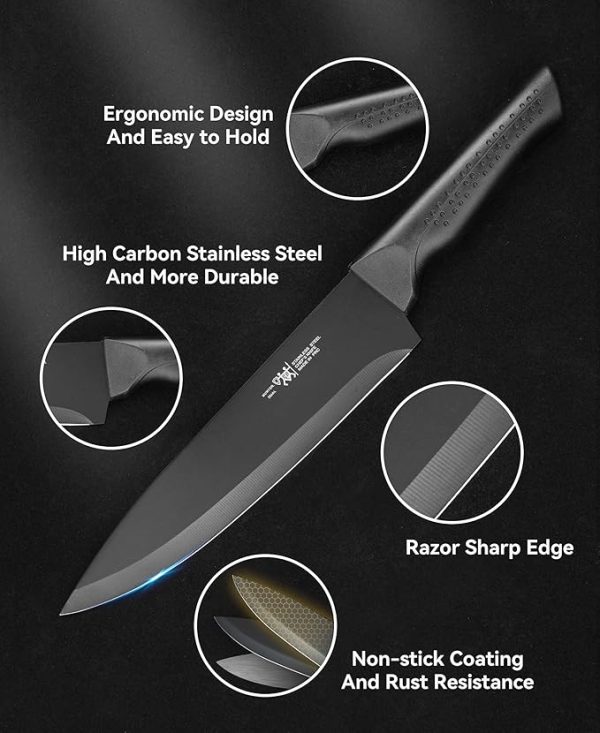 Knife Set, 15 Pcs Kitchen Knife Set with Block Self Sharpening, Dishwasher Safe, 6 Steak Knives, Anti-slip handle, Black - Image 2