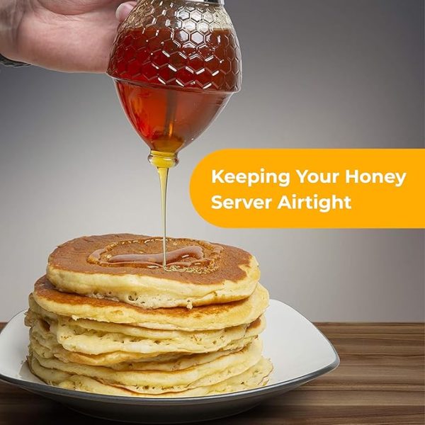 Hunnibi 8oz No Drip Glass Honey Dispenser with Stand - Honeycomb-Style Syrup Server and Bee-Themed Storage Jar - Clear Container for Honey, Maple Syrup - 11 x 6.6 in - Image 4