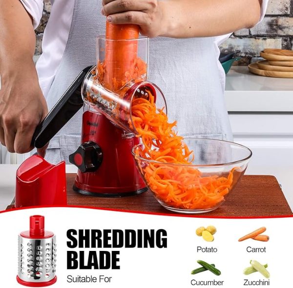 Geedel Rotary Cheese Grater, Kitchen Mandoline Vegetable Slicer with 3 Interchangeable Blades, Easy to Clean Grater for Fruit, Vegetables, Nuts - Image 3