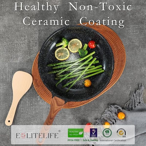 ESLITE LIFE Nonstick Ceramic Frying Pans Skillets Set with Lids, Non-Toxic Egg Omelette Kitchen Cooking Pans Compatible with All Stovetops (Gas, Electric & Induction), PTFE & PFOA Free (Black) - Image 2
