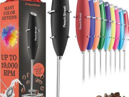 Powerful Handheld Milk Frother, Mini Milk Frother Wand, Battery Operated Stainless Steel Drink Mixer - Milk Frother Stand for Milk Coffee, Lattes, Cappuccino, Frappe, Matcha, Hot Chocolate. Great Gift
