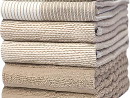 Premium Kitchen Towels (20”x 28”, 6 Pack) | Large Cotton Kitchen Hand Towels | Flat & Terry Dish Towel | Highly Absorbent Tea Towels Set with Hanging Loop | Tan