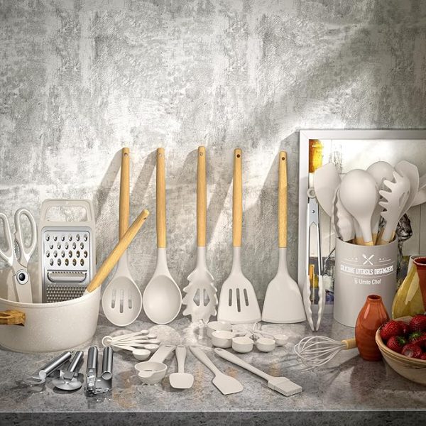 Umite Chef Silicone Kitchen Utensil Set, 34PCS Heat Resistant Kitchen Gadgets and Tools With Grater, Wood Handles for Nonstick Cookware - Image 4