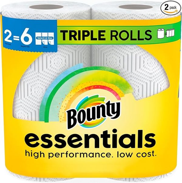 Bounty Essentials Select-A-Size Paper Towels, White, 2 Triple Rolls = 6 Regular Rolls