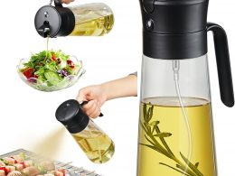 Glass Olive Oil Dispenser Bottle & Oil Sprayer Bottle 2 In 1 for Kitchen Cooking, Auto Flip Cap, 18oz Black
