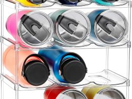 LARGER Compartment - Stackable Water Bottle Organizer Holder - for Stanley & Others' Large Tumbler - Clear Wine Rack, Cup Bottle Holder for Cabinet Home Countertop Fridge Pantry Shelf, 4 Tier Hold 12