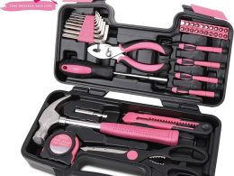Apollo Tools Original 39 Piece General Household Tool Set in Toolbox Storage Case with Essential Hand Tools for Everyday Home Repairs, DIY and Crafts - Pink Ribbon - Pink - DT9706P