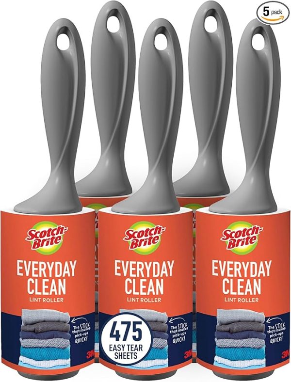 Scotch-Brite Everyday Clean Lint Roller, Lint Remover for Pet Hair, Dark Clothes, Furniture, and Dusty Surfaces, Picks Up Fur & Fluff in Your Home, Car, & Office, 5 Pack, 475 Adhesive Sheets Total