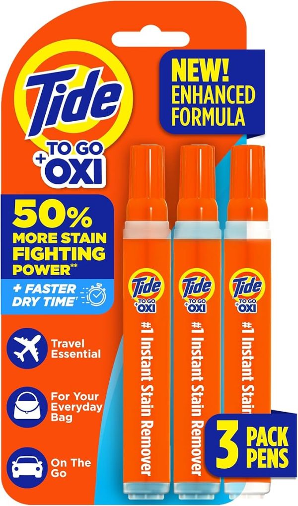 Tide Pen Stain Remover for Clothes, Tide To Go Pen, Instant Stain Remover Pen & Spot Cleaner, Portable & Travel-Friendly, Works on Food & Drink Stains, Fits in Purses & Bags, 3 Count (Pack of 1)