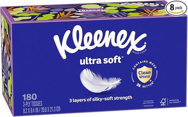 Kleenex Ultra Soft Facial Tissues, 4 Flat Boxes, 180 Tissues per Box, 3-Ply, Packaging May Vary