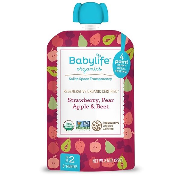 Stage 2 – Heavy Metal Safe, Organic Baby Food - Strawberry, Pear, Apple & Beet, 3.5 Ounce Pouch (6 Pack)