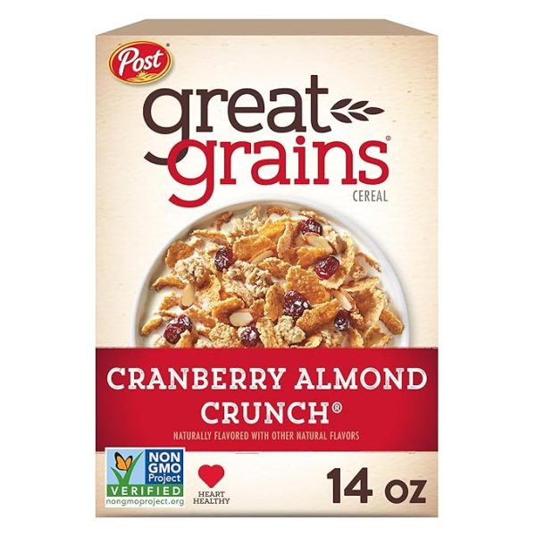 Great Grains Cranberry Almond Crunch Cereal, Cereal with Dried Cranberries and Almonds, Non-GMO Project Verified, 14 OZ Box