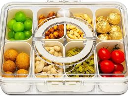 Divided Serving Tray with Lid and Handle,8 Compartments Snacks Box,Snack Fruit and Veggie Tray,Portable Platter for Candy Fruits Nuts Snack Party Entertaining Picnic (1 PCS)