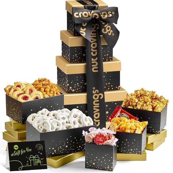 NUT CRAVINGS Mothers Day Gourmet Mom Treats - Chocolate Covered Pretzels & Caramel Popcorn Gift Basket, in Black Tower + Ribbon (8 Assortments) Food Arrangement, Healthy Snack Care Package, Kosher