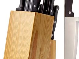 Amazon Basics 14-Piece High Carbon Stainless Steel Kitchen Knife Set with Sharpener and Pinewood Block, Black