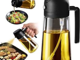 TrendPlain 16oz/470ml Glass Olive Oil Sprayer for Cooking - 2 in 1 Olive Oil Dispenser for Kitchen Gadgets, Air Fryer, Salad, and BBQ - Black