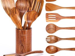 9 Piece Natural Teak Wooden Kitchen Utensil Set with Spoon Rest - Comfort Grip Cooking Spoons and Utensils Holder