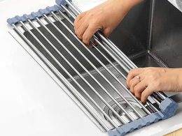 Over The Sink Dish Drying Rack, Roll Up Dish Drying Rack Kitchen Dish Rack Stainless Steel Sink Drying Rack, Foldable Dish Drainer, Gray