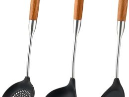 FJNATINH Silicone Wok Spatula,Ladle,Skimmer Ladle Tool Set,Stainless Steel Non Stick Heat-Resistant Cooking Utensils BPA Free Kitchen Utensils Cookware Wooden Handle,3 Pieces