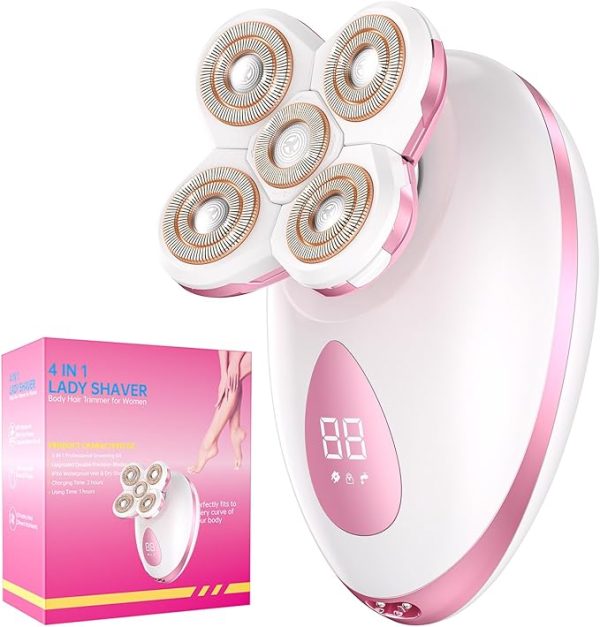 Electric Razors for Women - Painless Body Shavers for Sensitive Skin - 4 in 1 Cordless Lady Trimmer for Women's Leg, Bikini and Face - Waterproof Wet/Dry Remover, Rechargeable, Cherry