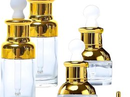 Luxury Clear Glass Dropper Bottles - Thick 1oz (30ml) Leakproof Eye Dropper Bottles for Essential Oils, Perfumes, Face Serums, Beauty & Personal Care, Tinctures, Travel (4-Set Gold)