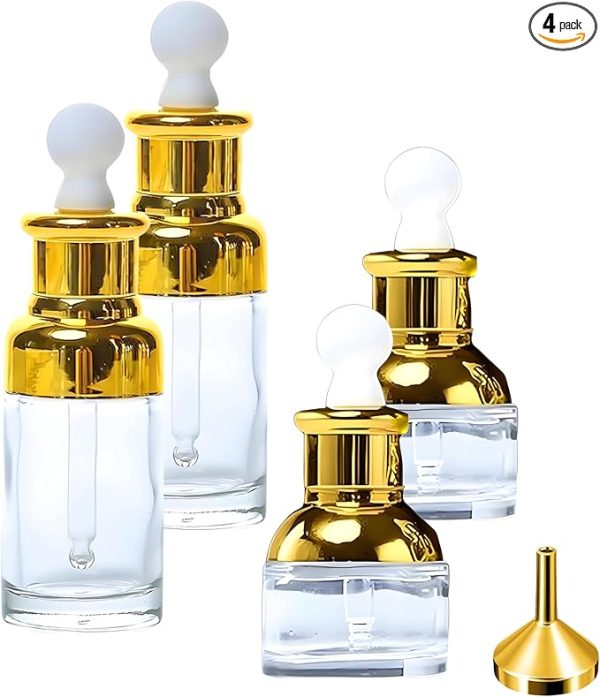 Luxury Clear Glass Dropper Bottles - Thick 1oz (30ml) Leakproof Eye Dropper Bottles for Essential Oils, Perfumes, Face Serums, Beauty & Personal Care, Tinctures, Travel (4-Set Gold)