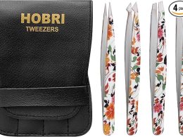 Roll over image to zoom in 3+ Tweezers Set, Eyebrows Tweezers Set Professional Stainless Steel Tweezers Set - 4 Pieces with Leatherette Travel Case Perfect for Facial Hair, Beauty and Personal Care Tool (Leaves Print)
