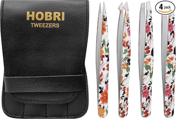 Roll over image to zoom in 3+ Tweezers Set, Eyebrows Tweezers Set Professional Stainless Steel Tweezers Set - 4 Pieces with Leatherette Travel Case Perfect for Facial Hair, Beauty and Personal Care Tool (Leaves Print)
