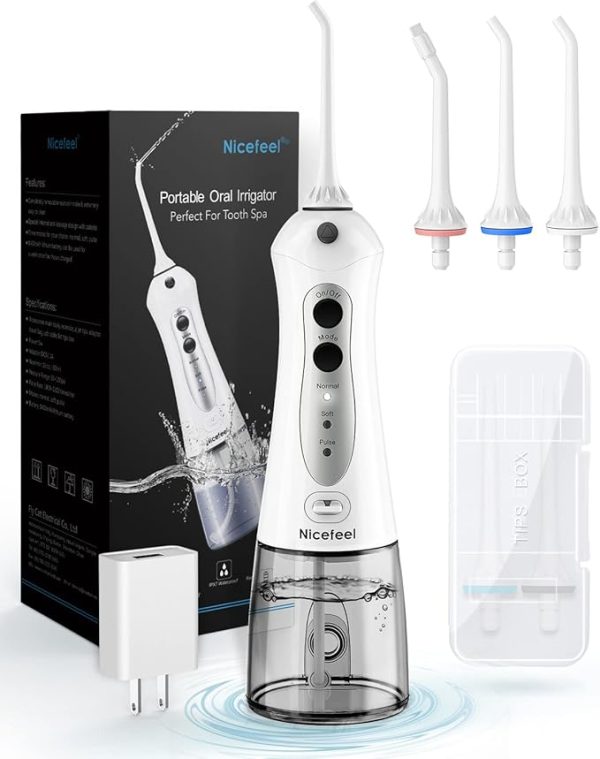 Nicefeel Cordless Water Flosser 300ML USB Rechargeable and Portable Oral Irrigator with Tips Case for Travel, 3-Modes IPX7 Waterproof Water Dental Flossing with 4 Jet Tips for Home