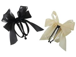 2 Pcs Black and Beige Chiffon Banana Hair Clips Big Bow Hair Claw Clips No Slip Hair Barrette Clips Ponytail Holder Hair Accessories for Women Ladies Girls Beauty and Personal Care