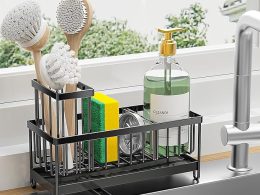 Cisily Black Sponge Holder for Kitchen Sink, Sink Caddy Organizer with High Brush Holder, Kitchen Countertop Organizers and Storage Essentials, Rustproof 304 Stainless Steel, Soap Dispenser Organize