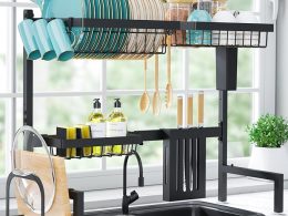 Dish Drying Rack - Large Over The Sink Dish Drainer Drying Rack (30.0" to 33.9" W), Large Capacity Stainless Steel Dish Rack, Multifunctional Kitchen Organizers and Storage Rack, Black