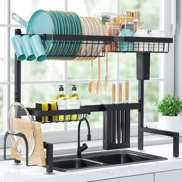 Dish Drying Rack - Large Over The Sink Dish Drainer Drying Rack (30.0" to 33.9" W), Large Capacity Stainless Steel Dish Rack, Multifunctional Kitchen Organizers and Storage Rack, Black