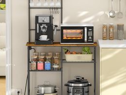 Bakers Rack with Power Outlet, Kitchen Microwave Stand with 10 S-Shaped Hooks, 6-Tier Coffee Bar Station, Kitchen Storage Shelf Rack for Spices, Pots, Rustic Brown