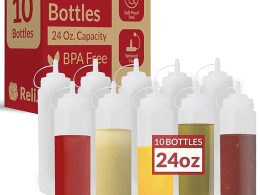 Reli. Plastic Squeeze Bottles, 24 oz. | 10 Pack | Condiment Squeeze Bottles for Sauces | Clear w/Tethered Caps | 24 Ounce Hot Sauce, Ketchup | Condiments, Olive Oil, Liquids