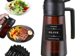 2 In 1 Olive Sprayer Dispenser for Cooking Kitchen, 16oz / 470ml Glass Oil Sprayer Bottle Spray and Pour, Air Fryer, Salad, BBQ, Upgraded Light Blocking Brown